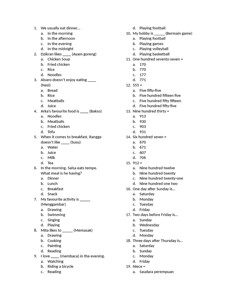 Food and Vocabulary Quiz for Kids | PDF | Asian Cuisine | Eating ...
