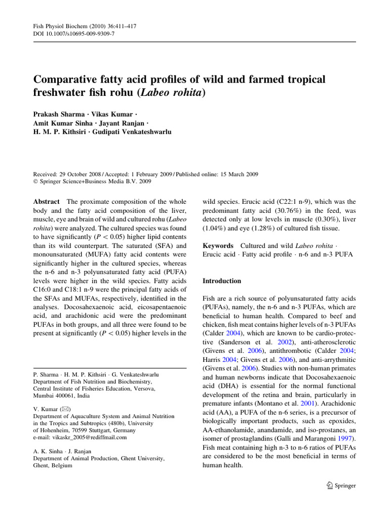 Comparative Fatty Acid Profiles of Wild and Farmed Tropical Freshwater ...