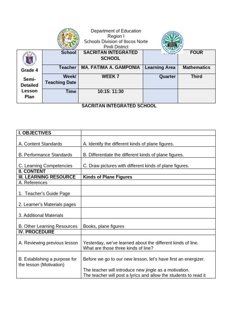 Grade 4 Math Lesson Plan: Plane Figures | PDF | Shape | Euclid