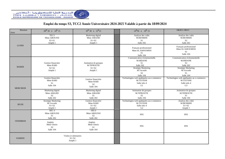 Emploi du temps S3 TCC2 2024-2025 | PDF | Processus d'affaires ...