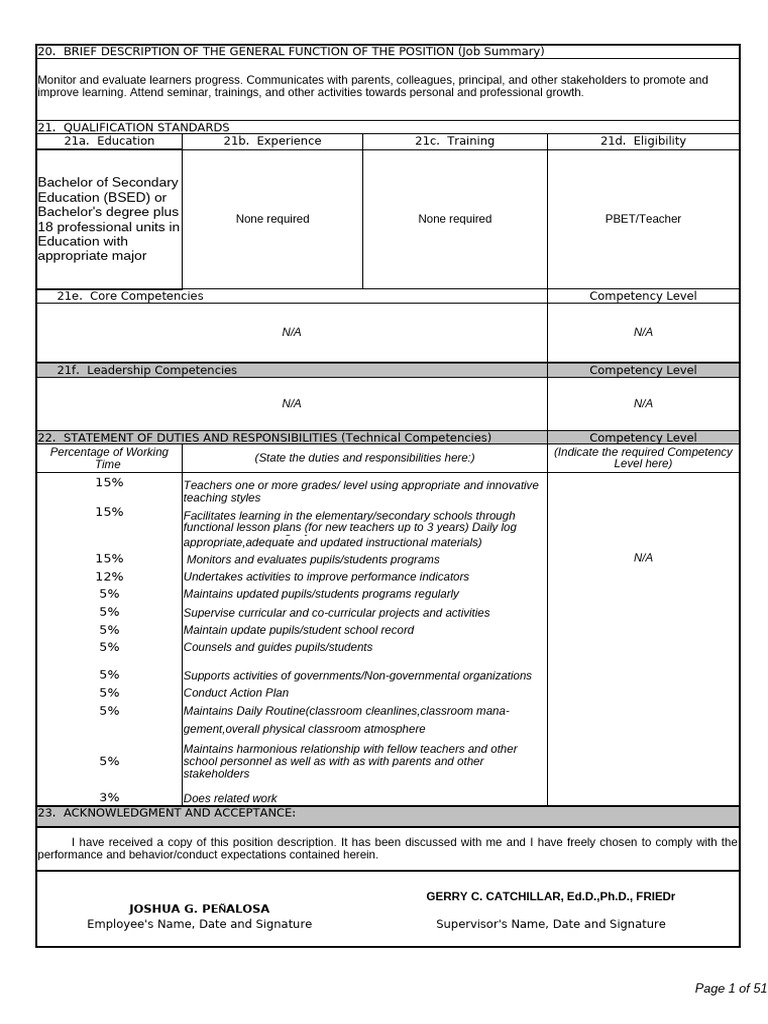 Secondary School Teacher Position Description | PDF | Teachers | Classroom