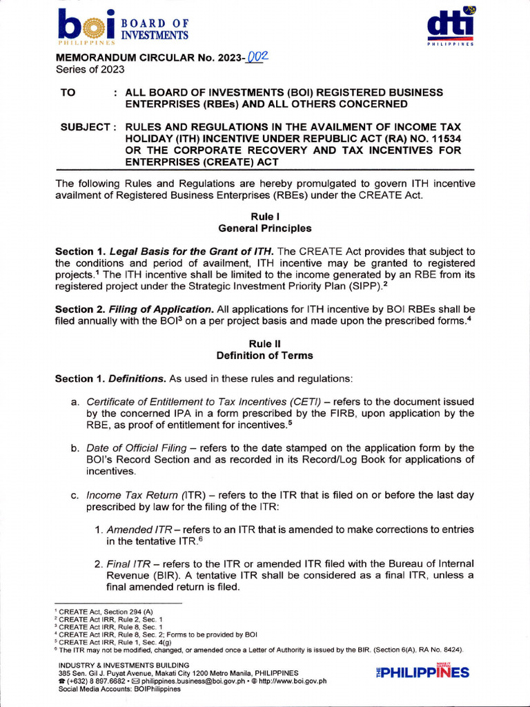 FIRB MC NO. 2023-002 Rules and Regulations in Availment of ITH ...