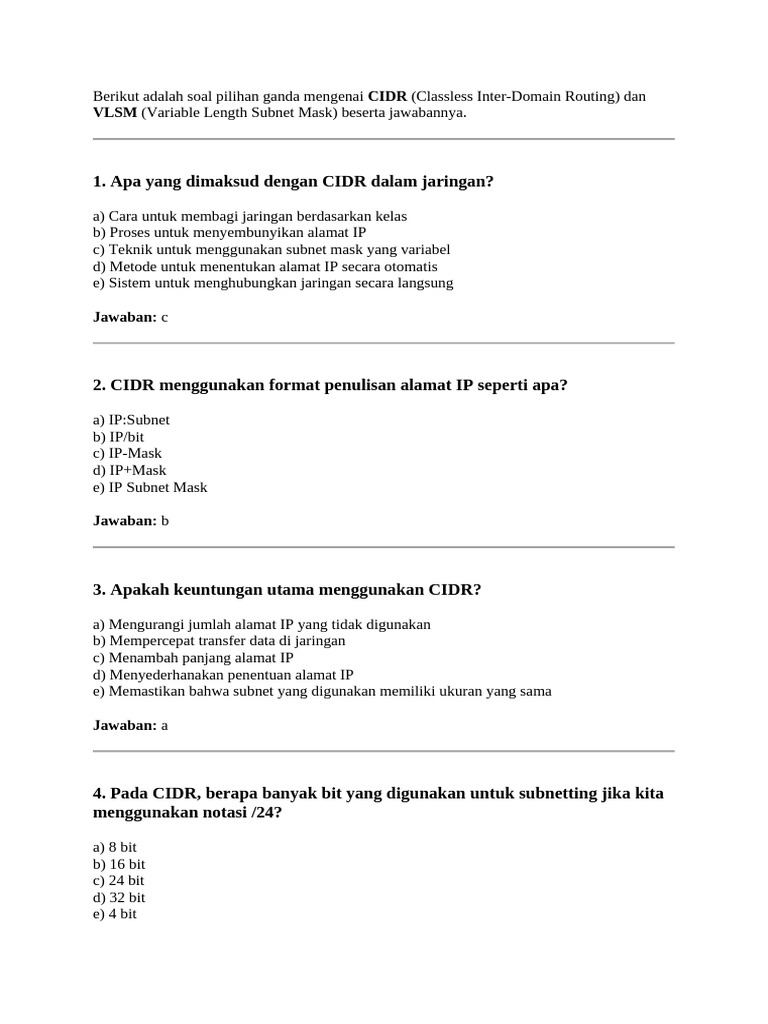 Soal CIDR dan VLSM Jaringan Kelas 11 | PDF