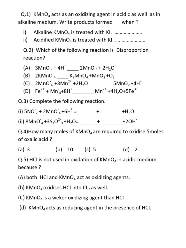 KMnO4 Reactions and Oxidation Questions | PDF