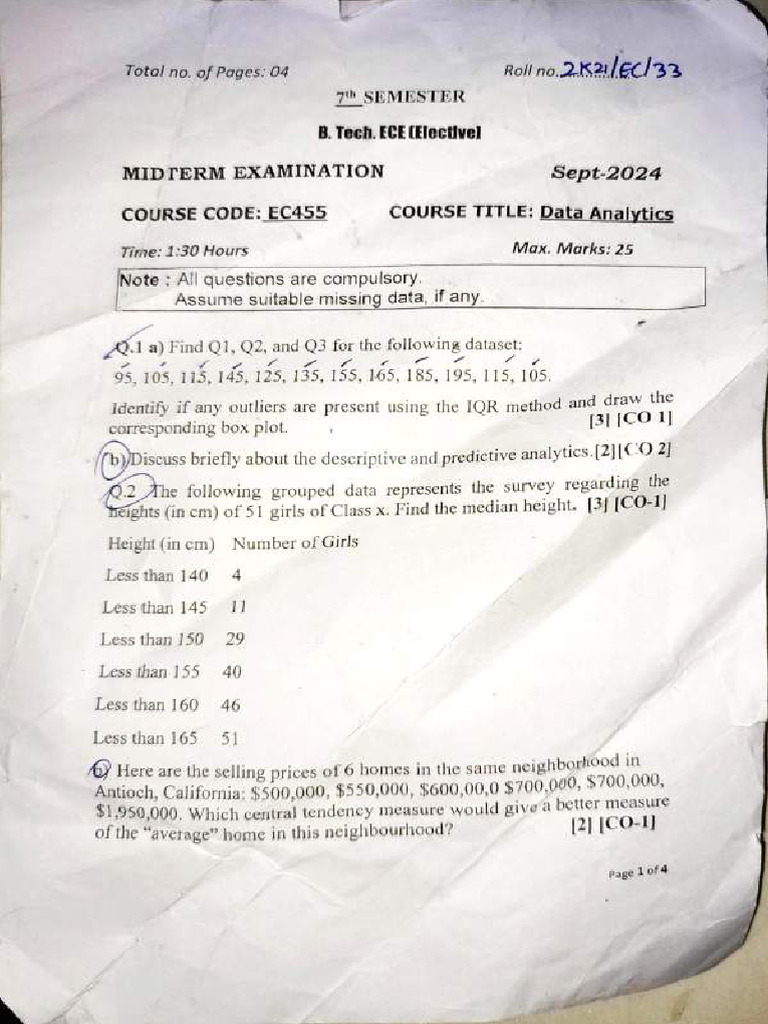Data Analytics Midterm Exam 2024 | PDF | Statistical Analysis ...