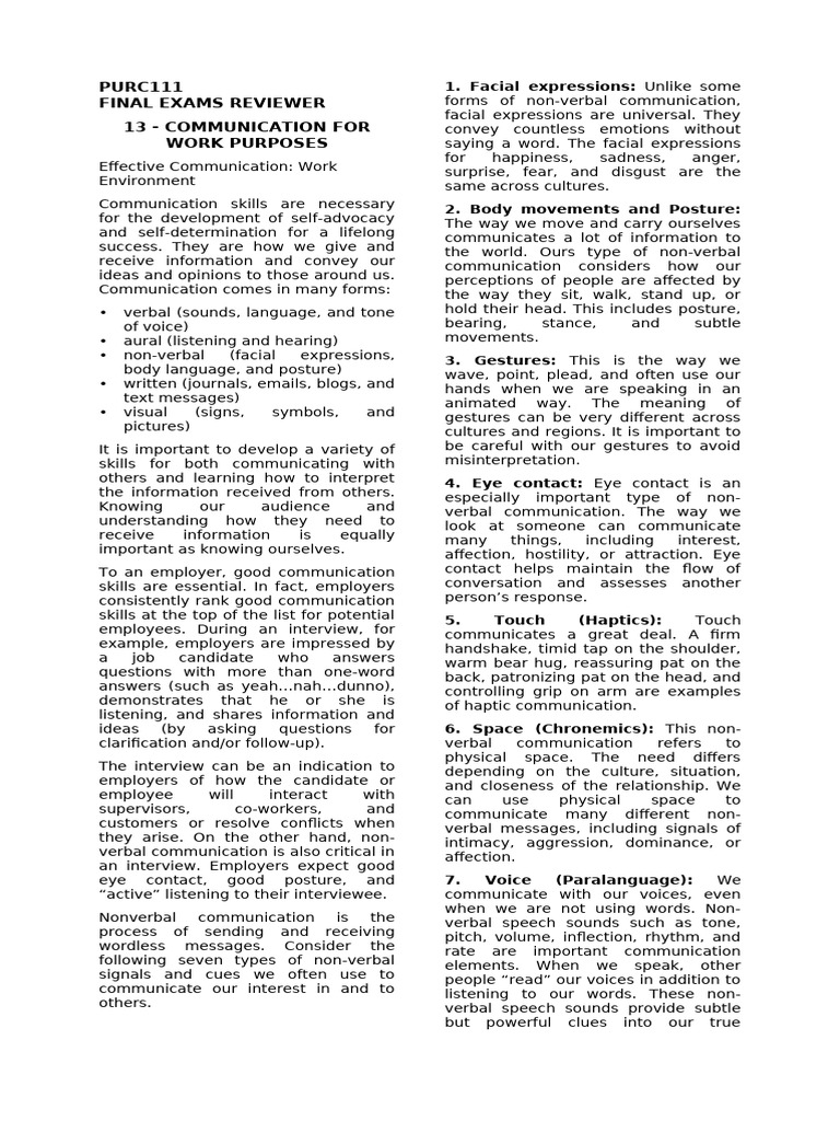 Finals+reviewer+-+purc111 3 | PDF | Nonverbal Communication | Communication