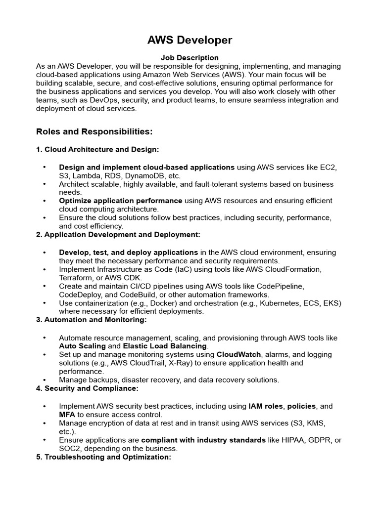AWS Developer Job Description Guide | PDF | Amazon Web Services | Computing