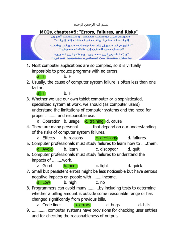 MCQs on Computer Errors and Risks | PDF | Software Bug | Software ...