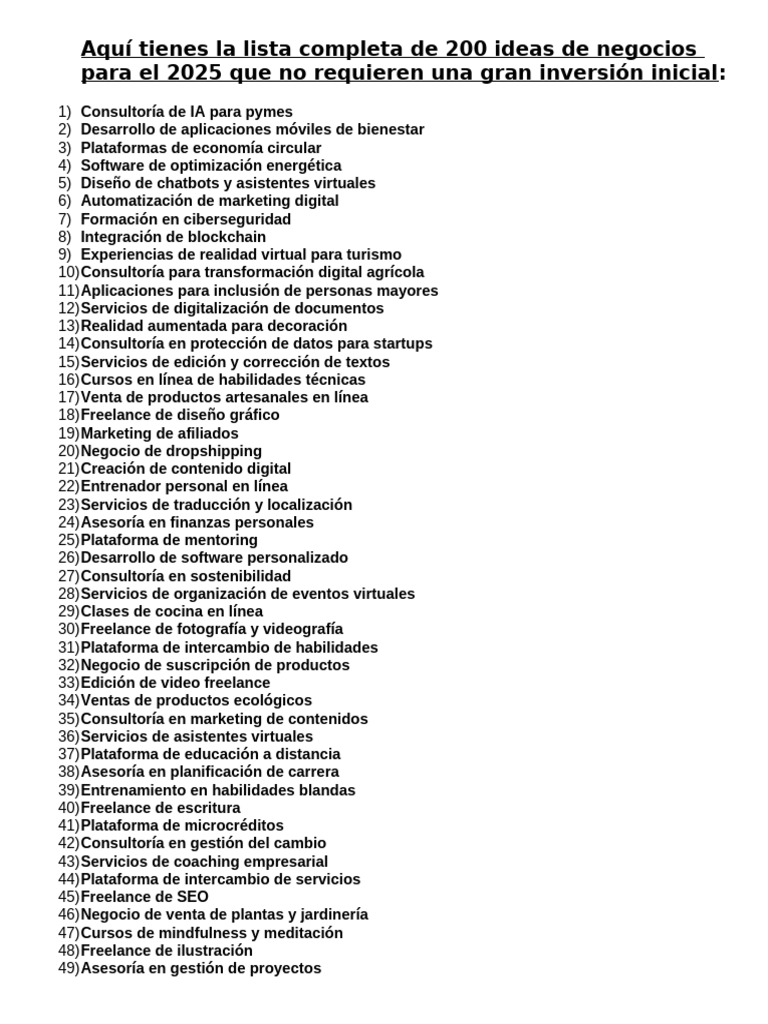 200 Ideas de Negocios para 2025 | PDF | Persona de libre dedicación ...