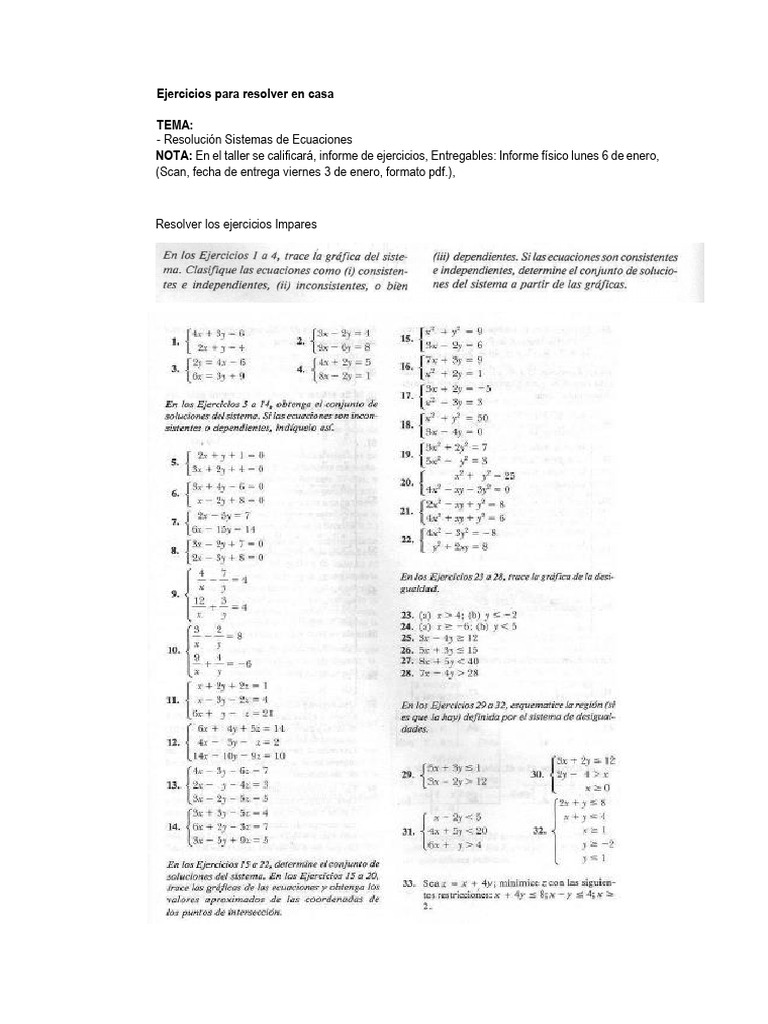 Ejercicios para Resolver en Casa Sistema de Ecuaciones | PDF