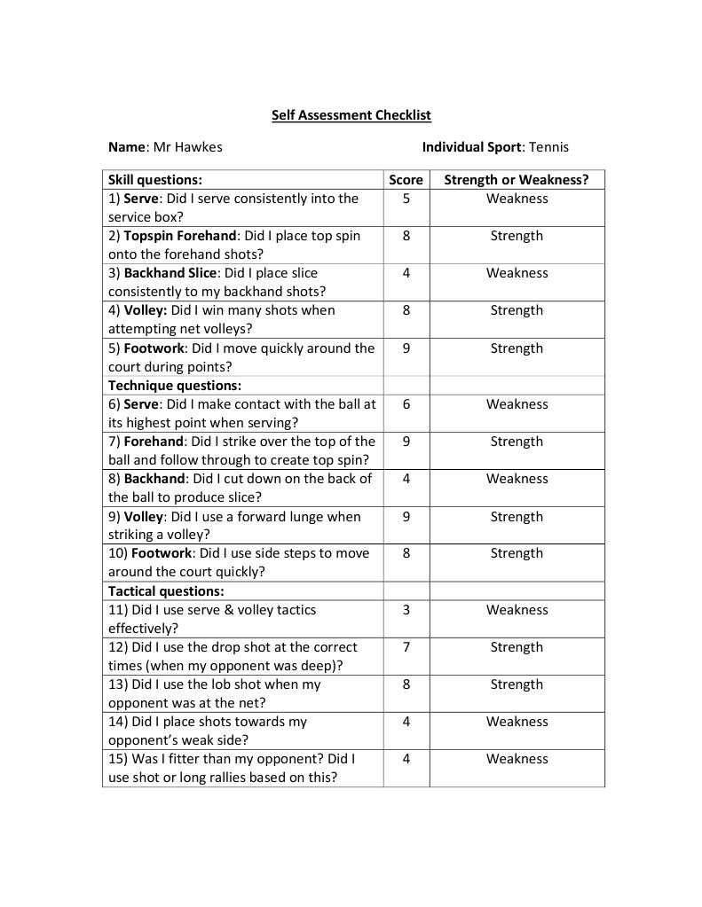 Self Assessment Checklist Complete Tennis PDF