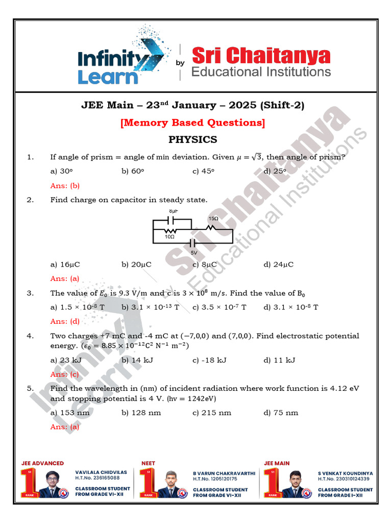 JEE Main 2025 Physics, Chemistry, Math Questions | PDF | Kinetic Energy ...