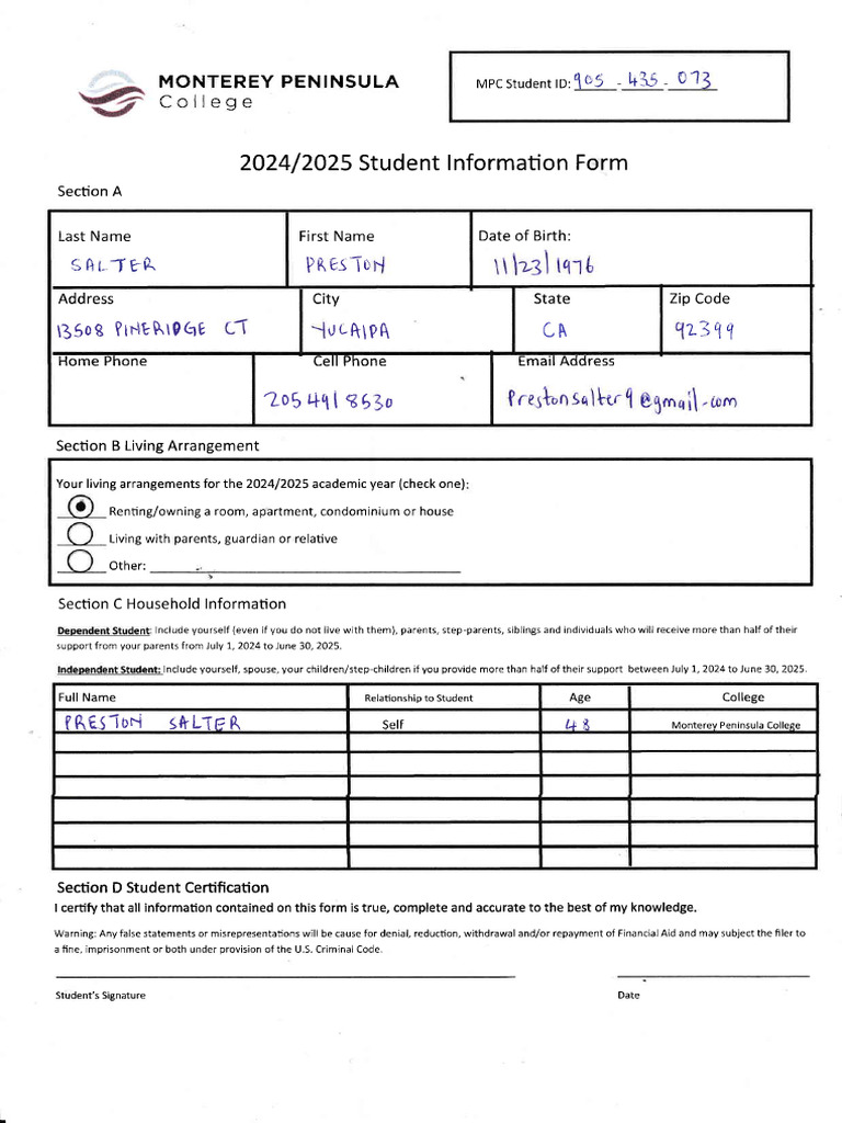 Student Information Form | PDF | Living Arrangements | Common Law