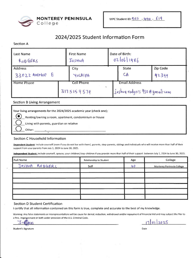 Monterey Peninsula College Student Form | PDF