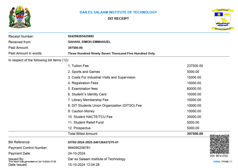 DIT Receipt Report 1729745710 | PDF | Money | Payments