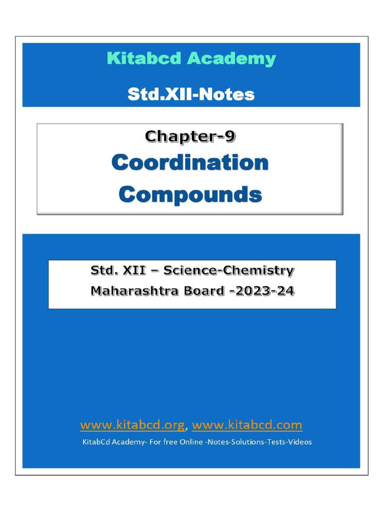 Ch9 CL 12 Kitabcd MSB Chem Notes (S) | PDF | Coordination Complex | Ligand