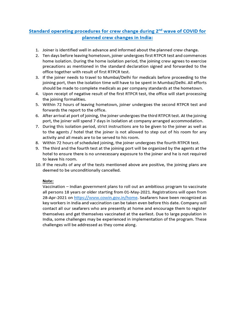 SOPs For Crew Change in India | PDF | Public Health | Health Disasters
