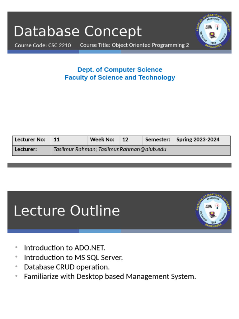 OOP2 Lecture Week 12 (Spring2023 24) | PDF | Databases | Microsoft Sql ...