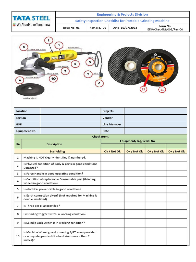 Portable Grinder Safety Inspection Checklist | PDF | Grinding (Abrasive ...