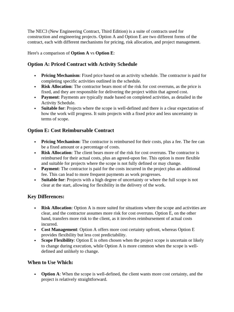 NEC3 Contract Options A vs E Explained | PDF | Risk | Business