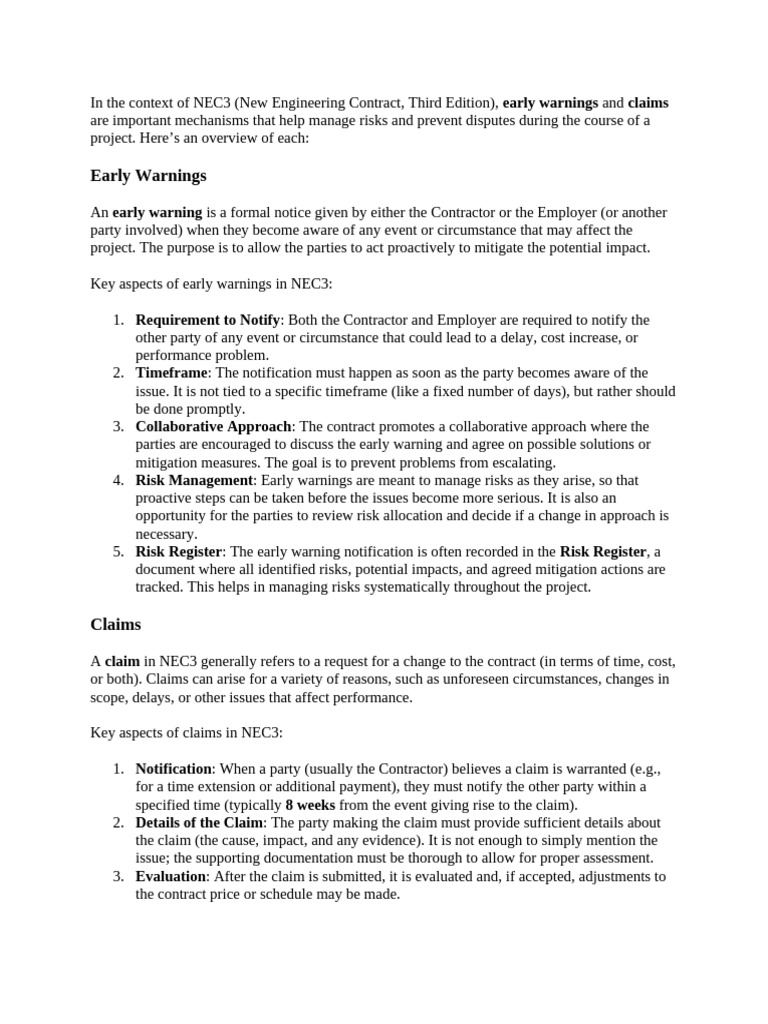 NEC3 Early Warnings and Claims Guide | PDF | Risk | Risk Management