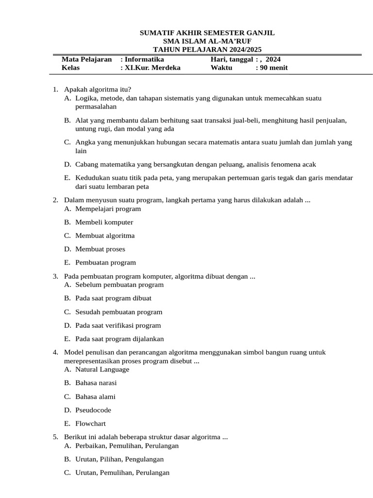 Ujian Informatika Kelas XI: Algoritma dan Pemrograman | PDF