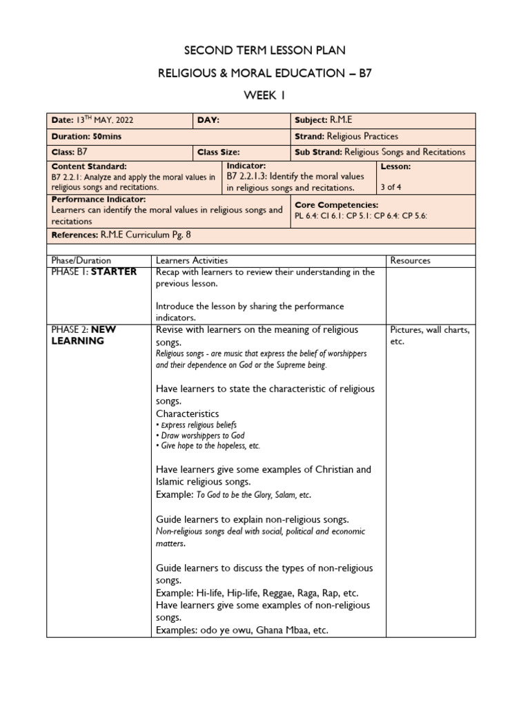 B7 R.M.E Lesson Plan: Religious Songs & Family Systems | PDF | Muhammad ...