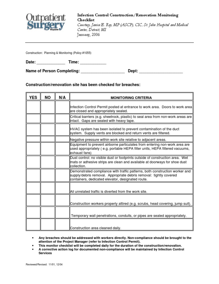 Infection Control Monitoring Checklist | PDF