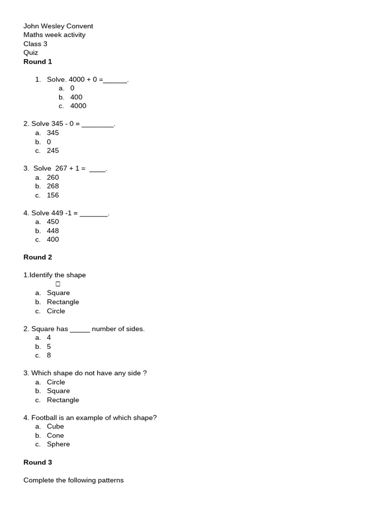 Class 3 Maths Quiz Activity Pdf