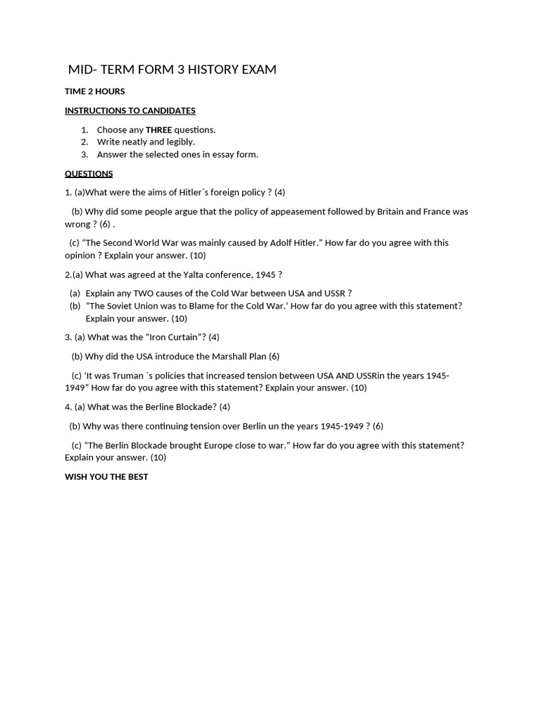 Form 3 History Mid-Term Exam Questions | PDF | Cold War | Iron Curtain