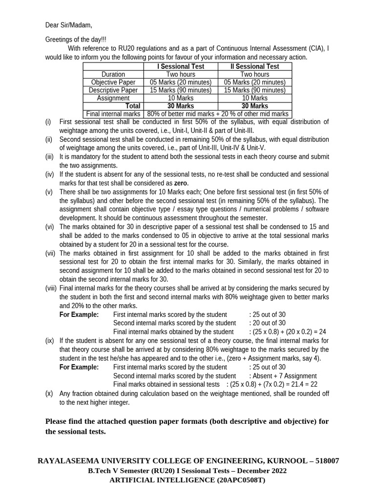 RU20 B.Tech AI Sessional Test Guidelines | PDF | Artificial ...