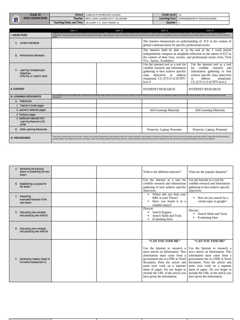 Grade 12 Empowerment Tech Lesson Plan | PDF | Educational Assessment ...