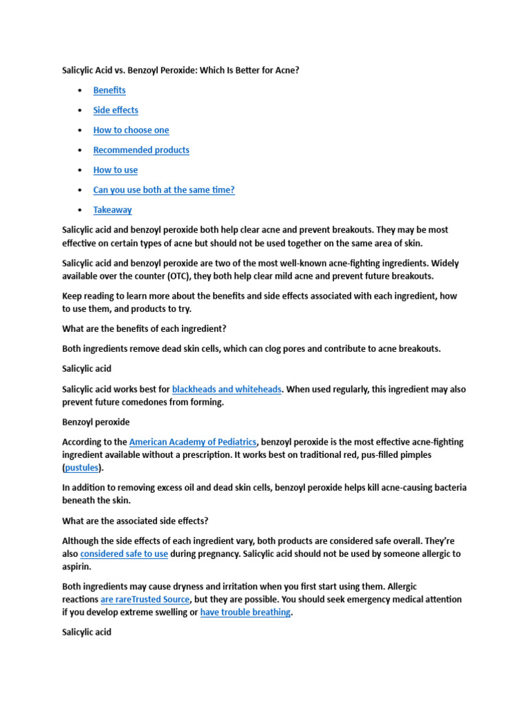 Salicylic Acid Vs Benzoyl Peroxide | PDF | Dermatology | Skin