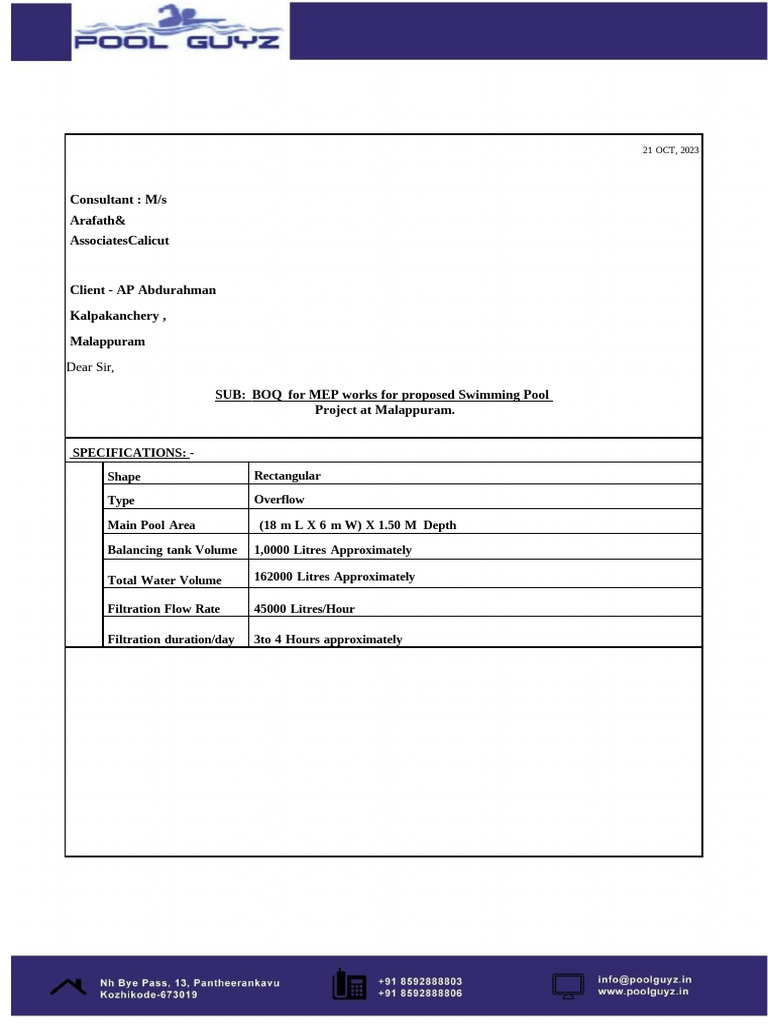 MEP Works BOQ for Swimming Pool | PDF | Pump | Filtration