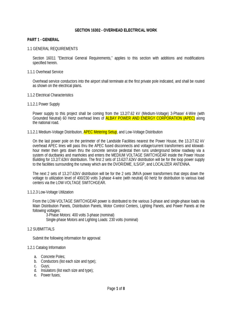 Overhead Electrical Work Specifications | PDF | Electric Power ...
