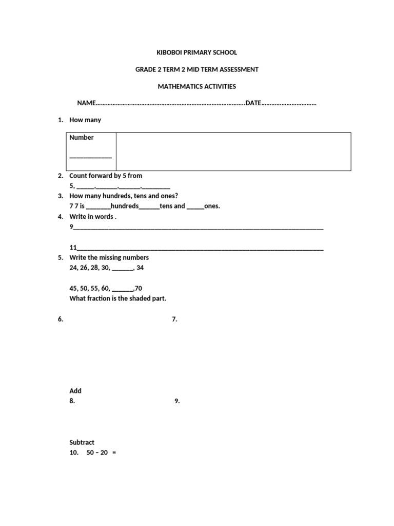 Grade 2 Math Mid Term Assessment | PDF