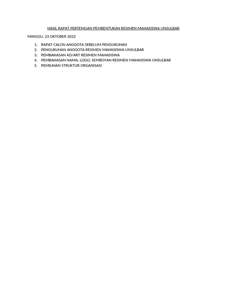 Hasil Rapat Pertemuan Pembentukan Resimen Mahasiswa Unsulbar | PDF