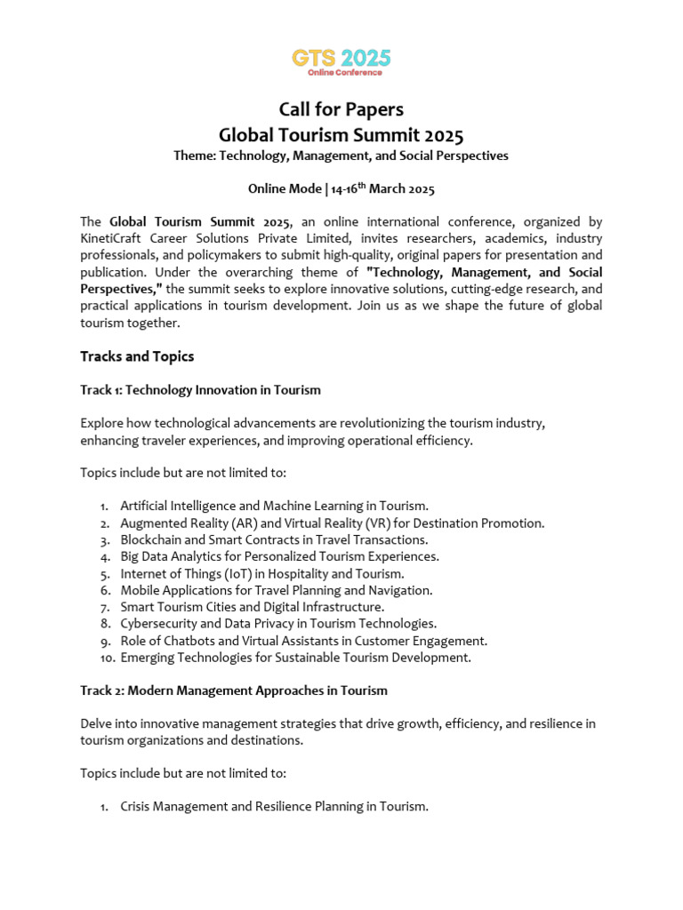 Global Tourism Summit 2025 Call for Papers | PDF | Internet Of Things ...