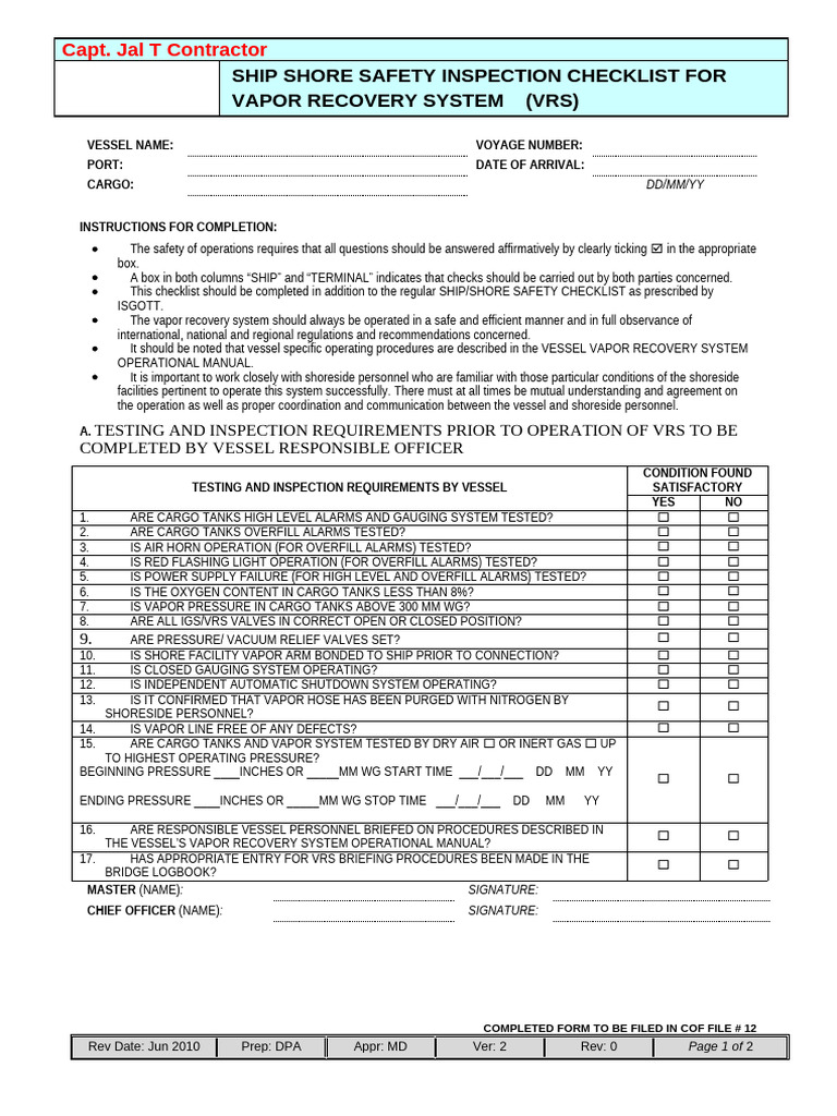 Vapor Recovery System Safety Checklist | PDF | Gases