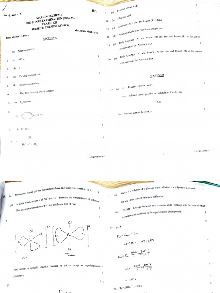 Class XII Chemistry Pre-Board Exam 2024 | PDF | Chemical Compounds ...