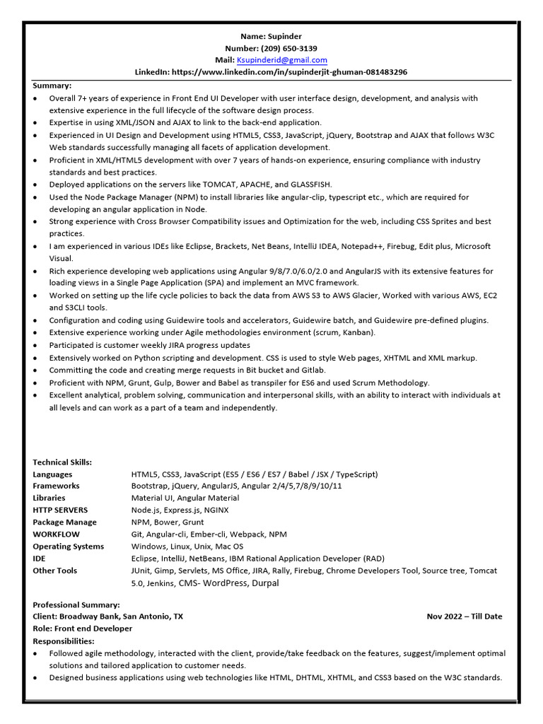 Front End Developer Resume Summary | PDF | J Query | Ajax (Programming)
