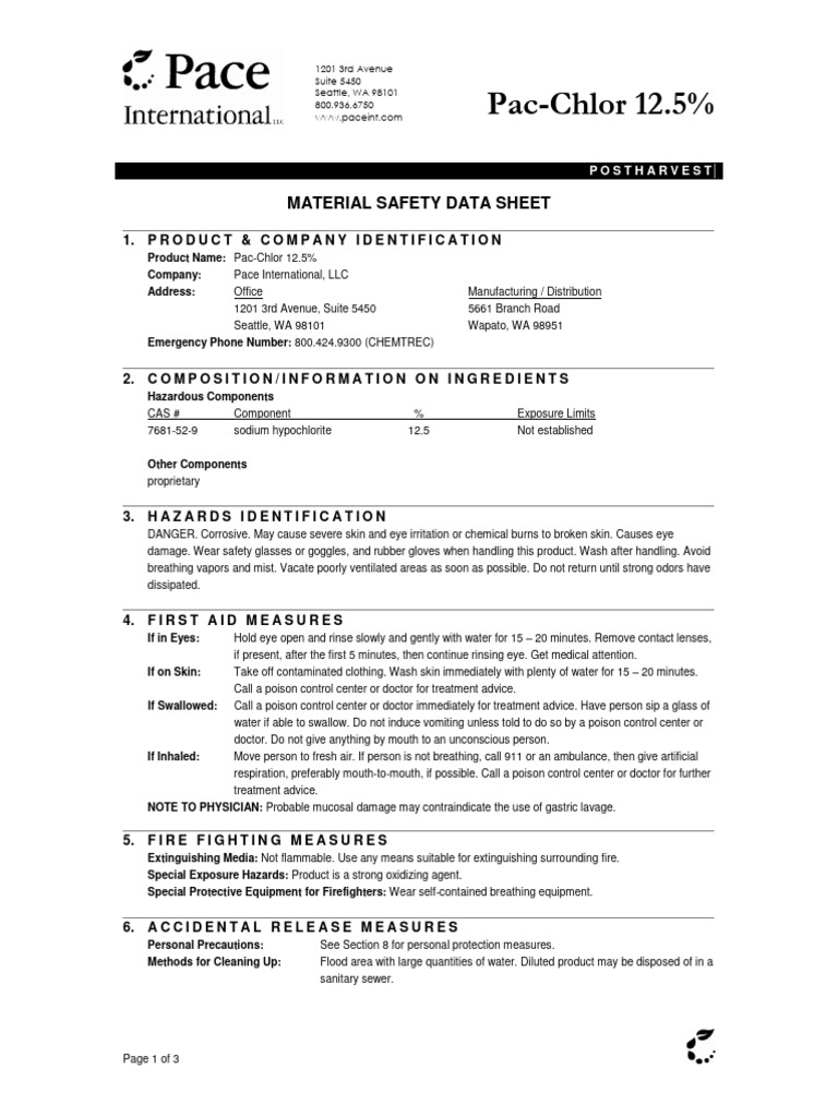 Pac-Chlor 12.5% MSDS Overview | PDF | Chemistry