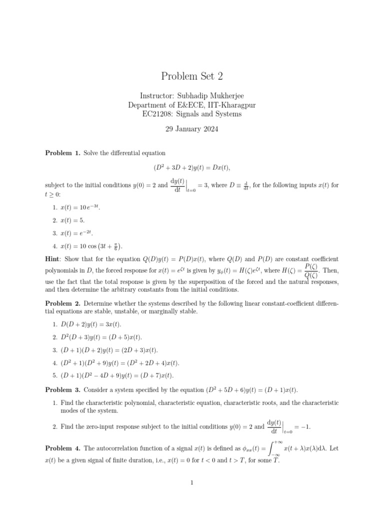 Signals and Systems Problem Set 2 | PDF | Mathematical Concepts ...