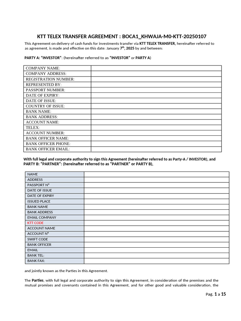 KTT Telex Transfer Agreement Overview | PDF | Indemnity | Wire Transfer