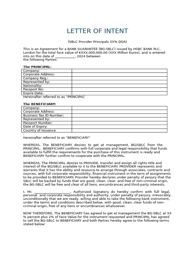BG-SBLC Agreement Template | PDF | Letter Of Credit | Banks
