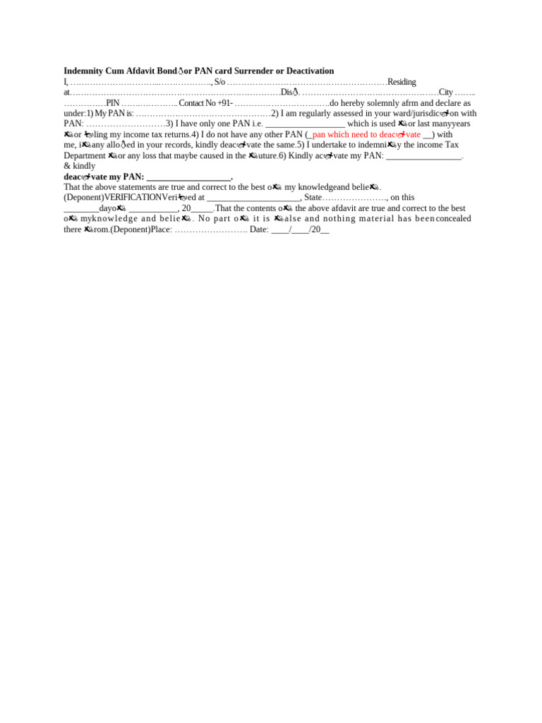 Indemnity Bond for PAN Card Surrender | PDF