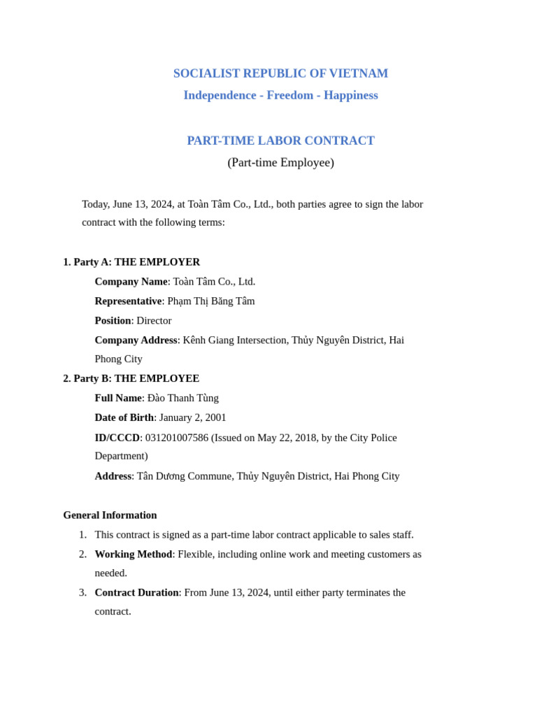 Part-Time Labor Contract 2024 | PDF