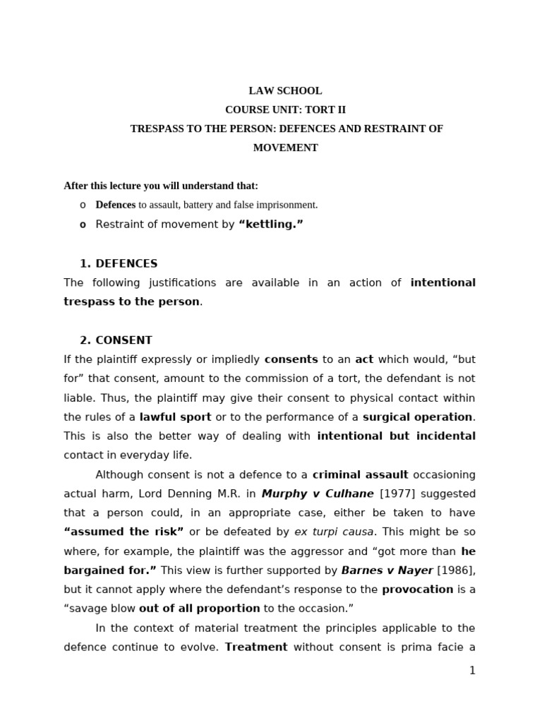 Tort Ii Classnotes Lecture 3 Trespass To The Person | PDF | Arrest ...