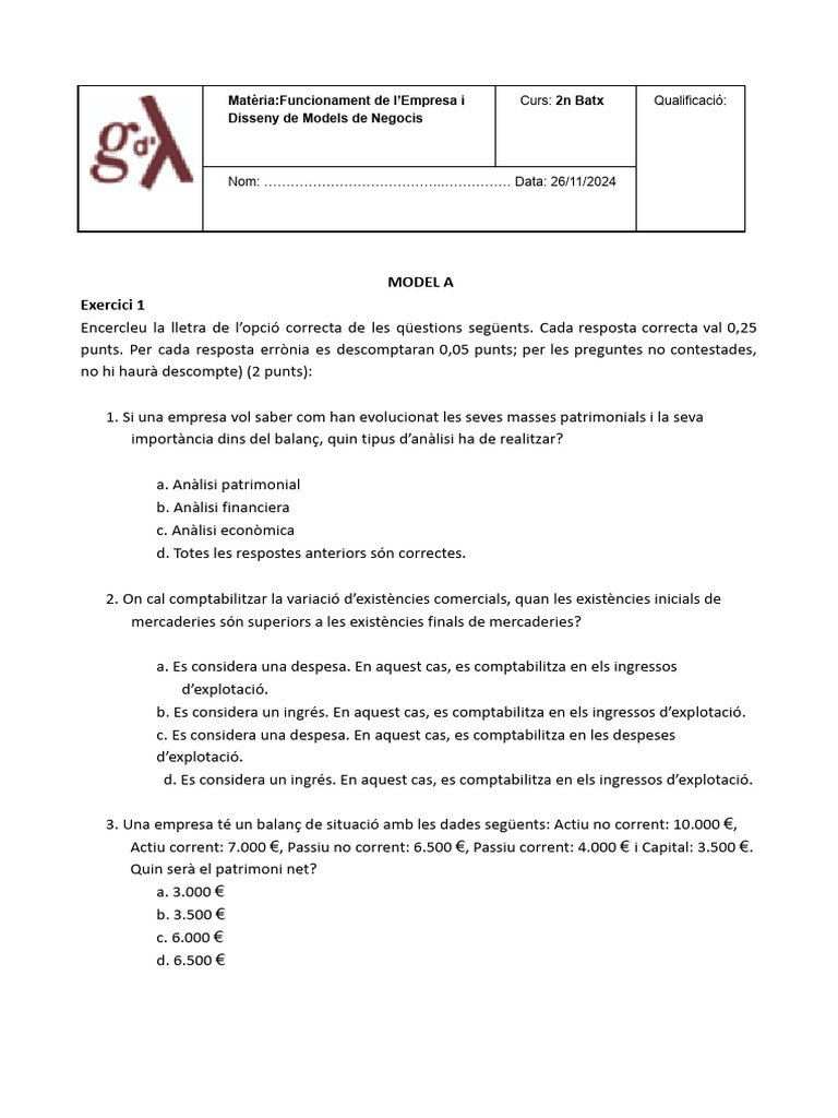 Examen FINAL 2n Batx - FEiDMN - Model A | PDF