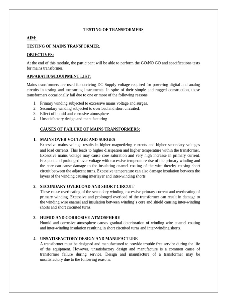 Mains Transformer Testing Procedures | PDF | Transformer | Insulator ...